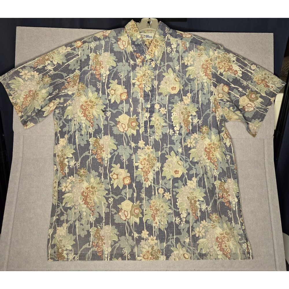 Reyn Spooner Hawaiian Shirt Mens Large Blue Floral Beige Berry Vines Pullover